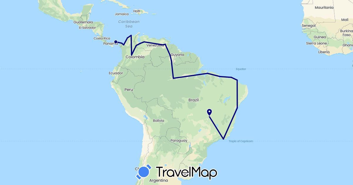 TravelMap itinerary: driving in Brazil, Colombia, Panama, Venezuela (North America, South America)